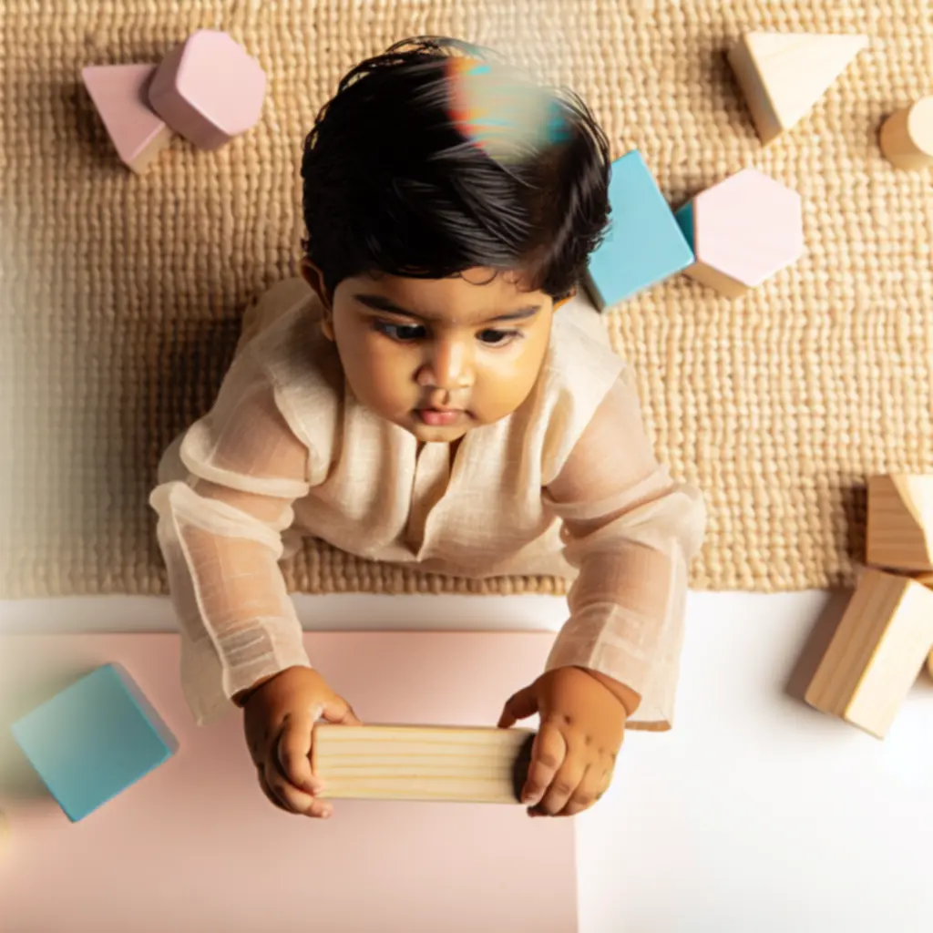 Dziecko bawiące się drewnianymi klockami edukacyjnymi