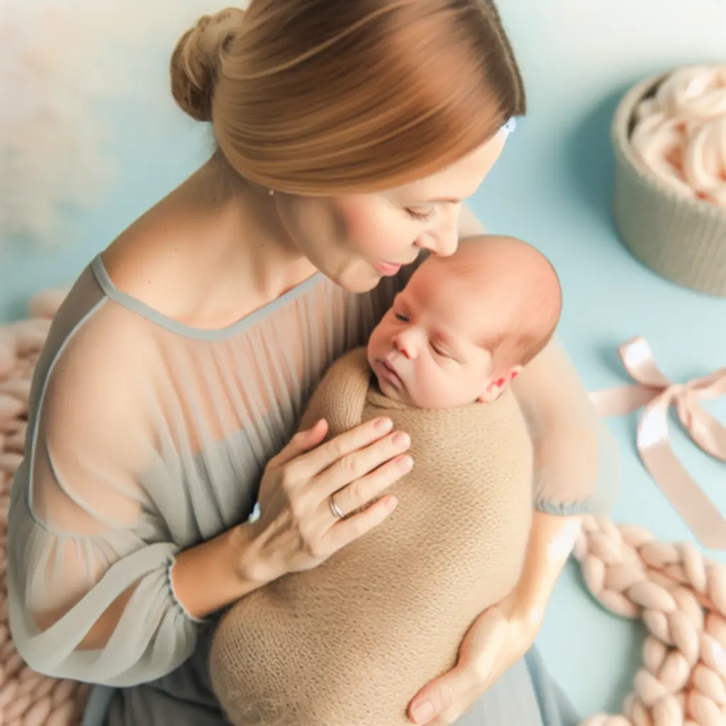 Noworodek w organicznej bawełnianej pościeli w pastelowych odcieniach błękitu i różu