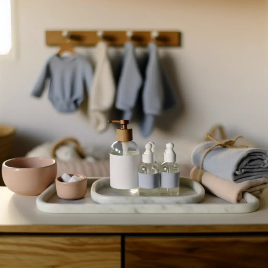 Produkty pielęgnacyjne i akcesoria dla niemowląt w pastelowym wnętrzu