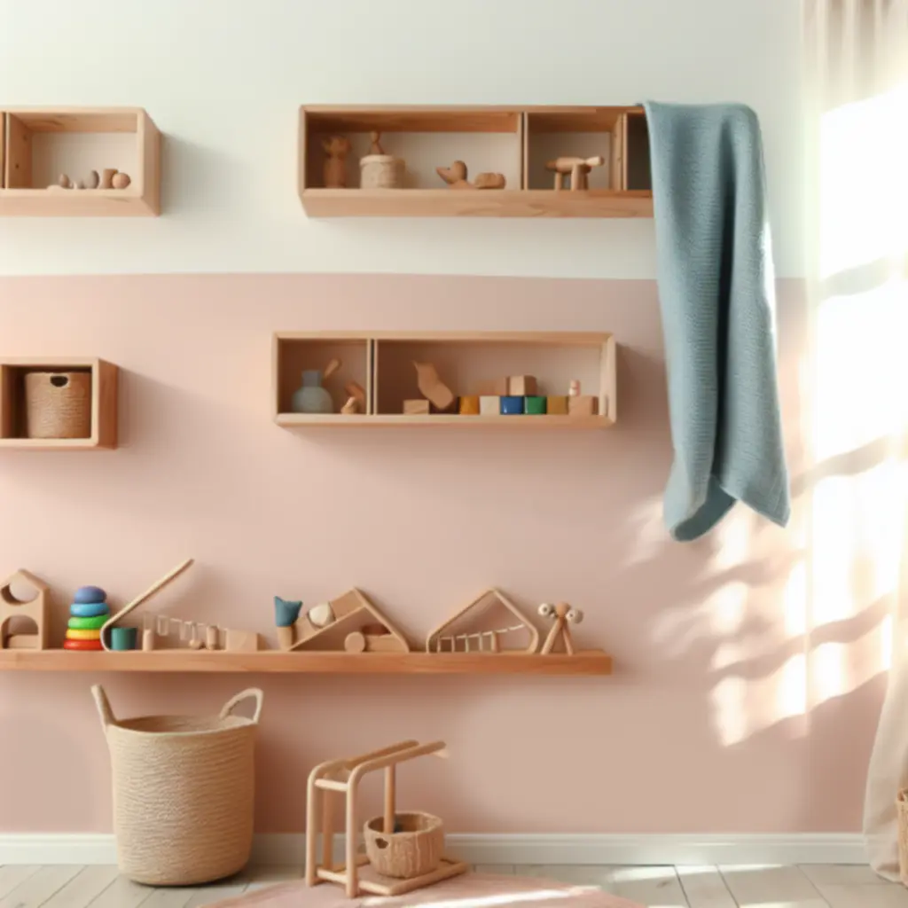 Drewniane zabawki Montessori w pastelowym pokoju dziecięcym