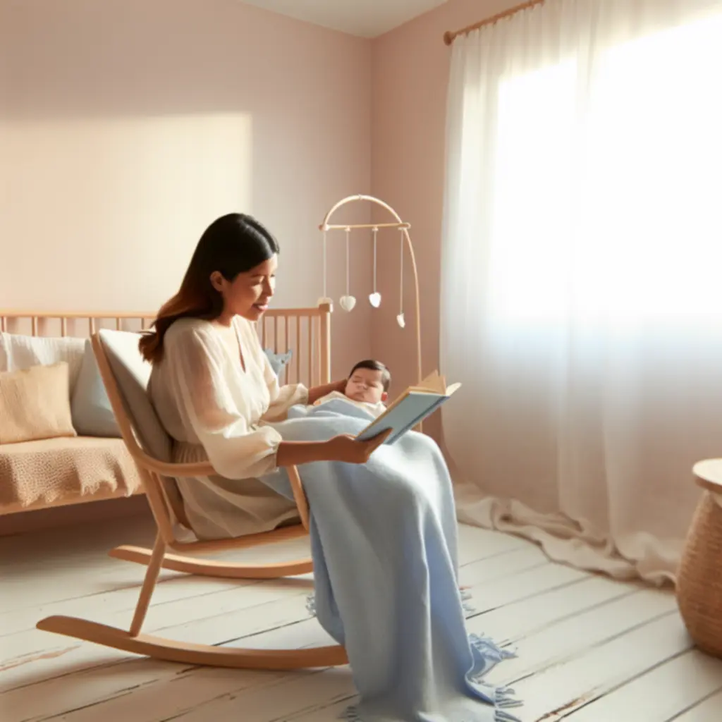 Matka czytająca książkę w przytulnym pokoju dziecięcym