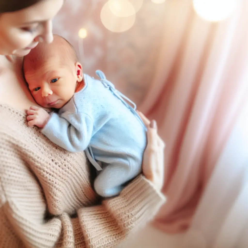 Szczęśliwa mama z noworodkiem w naturalnym świetle